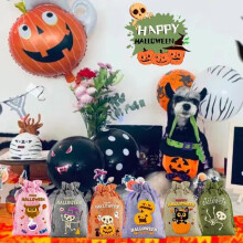 Set of 24 Halloween burlap gift bags with drawstring – "Trick or Treat" candy bags with various designs