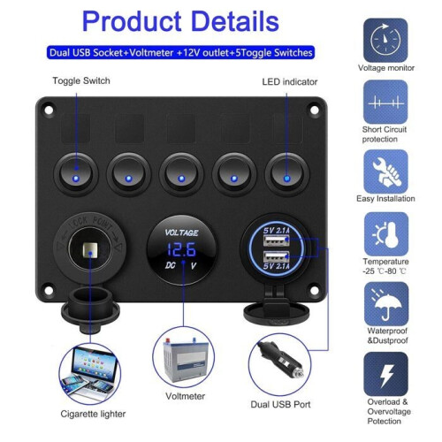 5 Gang Rocker Switch Panel, Rocker Switch Panel, Electrical Panel for Boat/Car, Waterproof, 12V/24V 1