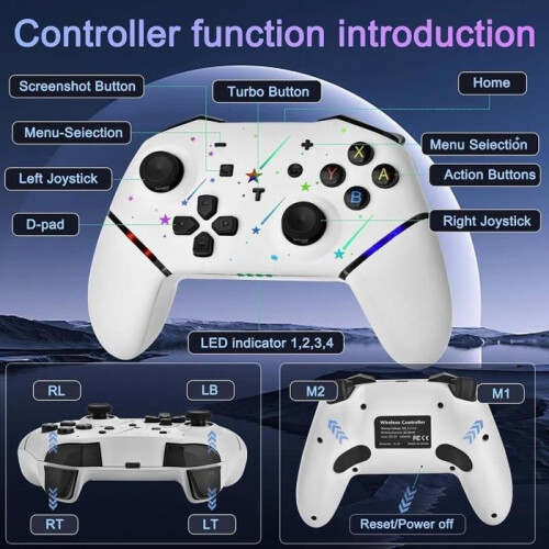 Switch Controller, Wireless Pro Controller + Battery/RGB Light/Dual Vibration/Game Controller for Switch/Lite/OLED/PC White 2