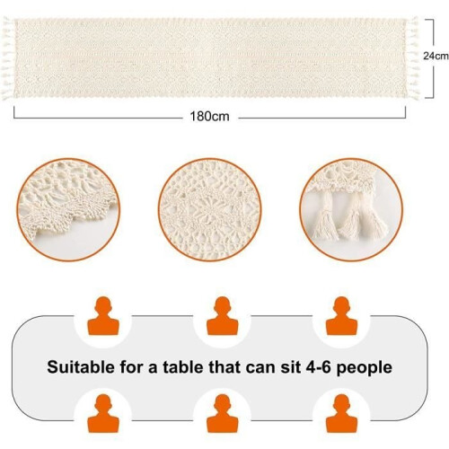Chemin de table - Vintage - Beige - 24 x 180 cm - Macramé - Pompons 1