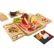 Käsebrett-Set, Käsebrett mit Messer- und Gabelset und Schublade, 1 Schieferplatte und 4 Untersetzer