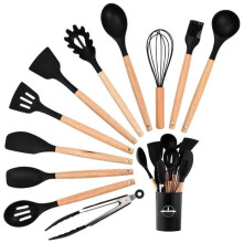Ensemble d'ustensiles de cuisine - Noir - 12 pièces - Silicone - Bois - Résistant à la chaleur