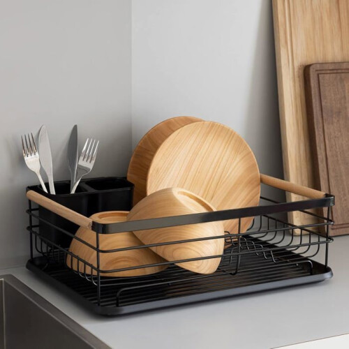 Dish drainer - AIMOONSA - Compact model - Black - Drip tray - Removable cutlery holder 1