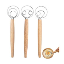 Ensemble de 3 fouets à pâte, fouet danois, mélangeur à manche en bois, mélangeur à pâte manuel en acier inoxydable (3 tailles incluses)