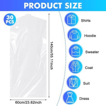 Lot de 30 housses Ă vĂŞtements en plastique transparent (60 140 cm) pour chemises, vestes, costumes et pulls.