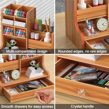 Organiseur de bureau - Cerisier - Bois - Tiroir coulissant - Grande capacité - 24,5 x 15 x 25,4 cm