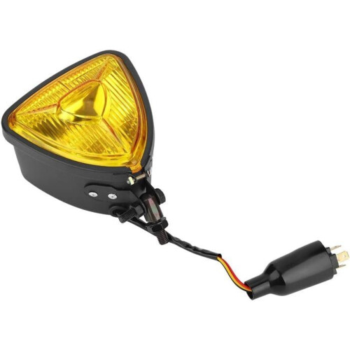 Triangular metal motorcycle headlight, retro restoration headlight, triangular light (black housing, yellow lens)