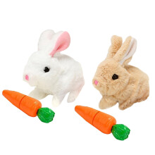 (White and Brown) Easter Electric Plush Bunny Toy with Carrots Movable Puzzle Soft Plush Playthings Gift for Birthday