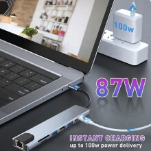 USB-C Hub, 8-in-1 USB-C Adapter with HDMI 4K/30Hz, 100W PD, USB-C 2.0 Port, USB 3.0+2.0 Port, SD/TF/SD Card Reader, Gray