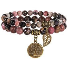 Natural Stone Bracelet - Women's Natural Beaded Bracelet - Set of Two Bracelets with Tree of Life and Leaf Accessories