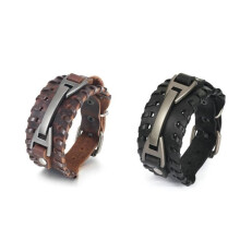 Black genuine leather and polished silver copper-plated steel cuff bracelet - Vintage rock men's jewelry - Adjustable