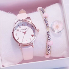 Coffret cadeau montres pour filles - Montre bracelet chat et fleurs - Montre Ă quartz en cuir - Cadeau blanc et rose pour enfants