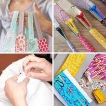 Kit d'accessoires de couture pour la fabrication de biais (6 mm, 12 mm, 18 mm, 25 mm) avec outil et épingle.