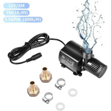 Pompe submersible/amphibie 12 V CC, débit de 800 l/h, hauteur de refoulement de 5 m, moteur sans balais, faible niveau sonore.