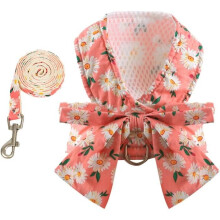 Floral pattern dog harness and leash set with bow, no-pull vest for small dogs, soft and comfortable, pink, m