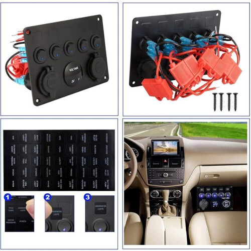 5 Gang Rocker Switch Panel, Rocker Switch Panel, Electrical Panel for Boat/Car, Waterproof, 12V/24V 2