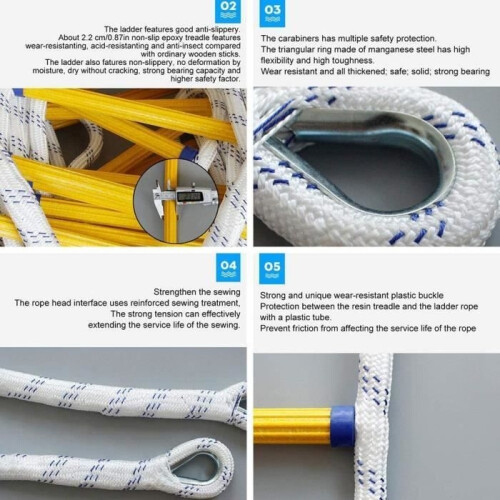 Échelles de secours de 5 m avec mousquetons, échelle de secours pliable en corde - Échelles d'évacuation incendie de 5 m 2