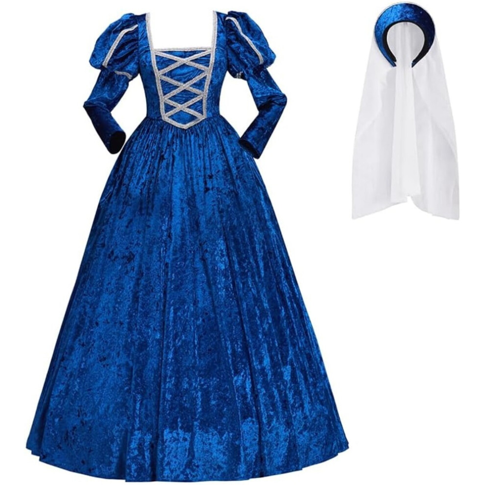(blue, S) Women Tudor Era Ball Gown Elizabethan Renaissance Historical Medieval Dress