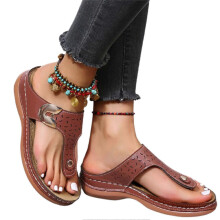 (38, Brown) Women Pu Leather Wedges Sandals Rhinestone Flip Flops Non-slip Comfortable Summer Beach Walking Shoes Slippers New
