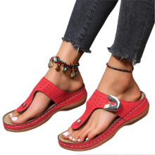 (37, Red) Women Pu Leather Wedges Sandals Rhinestone Flip Flops Non-slip Comfortable Summer Beach Walking Shoes Slippers New