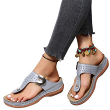 (37, Gray) Women Pu Leather Wedges Sandals Rhinestone Flip Flops Non-slip Comfortable Summer Beach Walking Shoes Slippers New