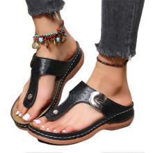 (40, Black) Women Pu Leather Wedges Sandals Rhinestone Flip Flops Non-slip Comfortable Summer Beach Walking Shoes Slippers New