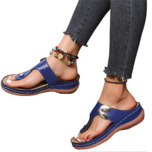 (41, Blue) Women Pu Leather Wedges Sandals Rhinestone Flip Flops Non-slip Comfortable Summer Beach Walking Shoes Slippers New