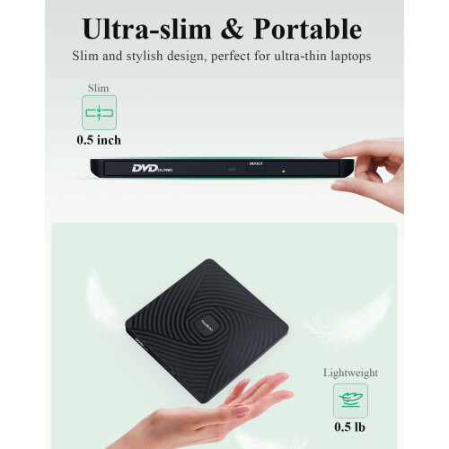PeroBuno External CD DVD Drive 0.5-inch Ultra-Slim Type-C 3.0 Optical Drive 1