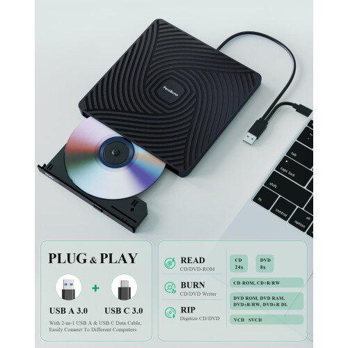 PeroBuno External CD DVD Drive 0.5-inch Ultra-Slim Type-C 3.0 Optical Drive 2