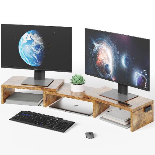 BONTEC Dual Monitor Riser, Stepless Adjustable Length & Angle, Rustic Brown