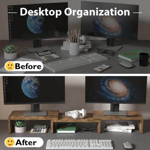 BONTEC Dual Monitor Riser, Stepless Adjustable Length & Angle, Rustic Brown 1