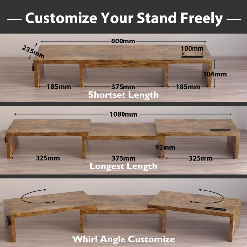 BONTEC Dual Monitor Riser, Stepless Adjustable Length & Angle, Rustic Brown 2