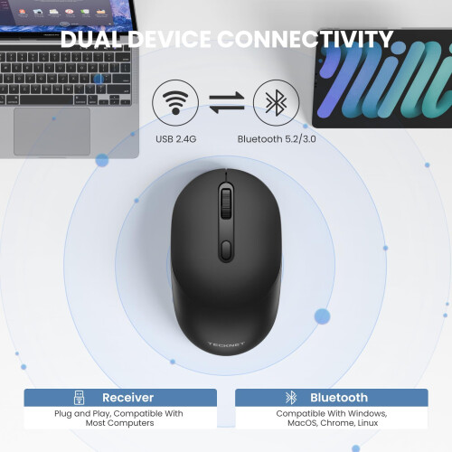 TeckNet TECKNET Wireless Mouse, Bluetooth Mouse (BT5.2/3.0 & 2.4G), Computer Mice Silent Portable,1600 DPI Optical Mouse Sensor, Ergonomic Cordless Mouse for 1