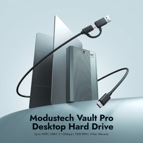ModusTech 3TB Desktop External Hard Drive (NOT-PORTABLE) USB-C/USB 3.1 5Gbps—High-Speed HDD Plug & Play for PC, Mac, Windows, Laptop & Console, Back 2