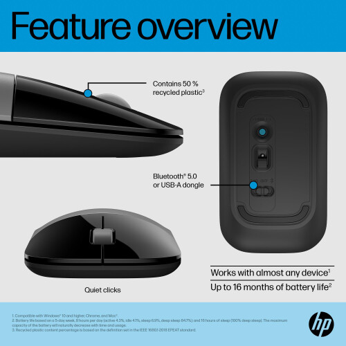 HP HP Z3700 Dual Silver Wireless Mouse | Compatible with Chrome, PC or Mac | Bluetooth 5.0 | Wireless | 1600 DPI Optical Multi-Surface Sensor | AES tech 1