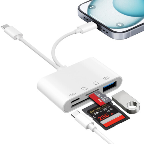 SD Card Reader for iPhone/iPad, Lightning SD Card Reader with Charging & USB Port, USB C sd card reader with Dual Slot SD/MicroSD Memory Card Reader T