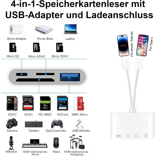 SD Card Reader for iPhone/iPad, Lightning SD Card Reader with Charging & USB Port, USB C sd card reader with Dual Slot SD/MicroSD Memory Card Reader T 1