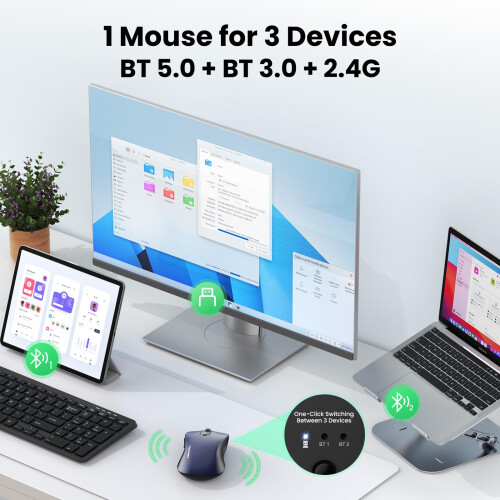 TeckNet TECKNET Bluetooth Mouse, Wireless Mouse Rechargeable Tri-Mode Bluetooth 5.0/3.0+2.4G for Laptop, Silent 4800DPI PC Computer Mice with 6 Adjustable Le 1