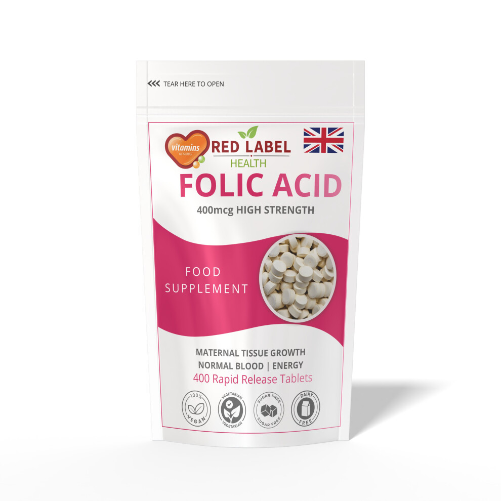 Red Label Health Folic Acid 400Mcg 200 Tablets High Strength Reduce Tiredness Fatigue