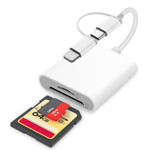 SD Card Reader for iPhone, Lightning to SD Card Reader, Camera Adapter to iPhone, SD to iPhone Adapter, 2 in 1 SD Reader for iPhone, Memory Card Read