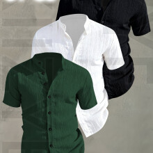 (Mix color 5, 40) [Men's Shirts]3pcs Men's Summer Short Sleeve Shirt,Lightweight Breathable Solid Color Button-Up Casual Shirt