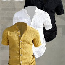 (Mixed Color 18, 36) [Men's Shirts]3pcs Men's Summer Short Sleeve Shirt,Lightweight Breathable Solid Color Button-Up Casual Shirt