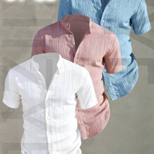 (Mixed Color 15, 42) [Men's Shirts]3pcs Men's Summer Short Sleeve Shirt,Lightweight Breathable Solid Color Button-Up Casual Shirt