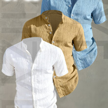 (Mixed Color 9, 44) [Men's Shirts]3pcs Men's Summer Short Sleeve Shirt,Lightweight Breathable Solid Color Button-Up Casual Shirt