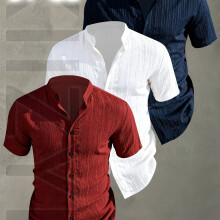 (Mixed Colors 23, 44) [Men's Shirts]3pcs Men's Summer Short Sleeve Shirt,Lightweight Breathable Solid Color Button-Up Casual Shirt