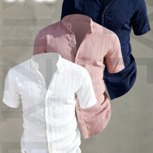(Mixed Color 20, 42) [Men's Shirts]3pcs Men's Summer Short Sleeve Shirt,Lightweight Breathable Solid Color Button-Up Casual Shirt