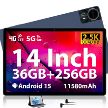 Tablet 14 Inch, 2.5K Dsiplay, 36GB RAM 256GB ROM/TF 1TB, Octa-Core Gaming Tablet, 4G LTE Dual SIM + 5G WiFi, Metal Body, Android 15 Large Tablet, GPS