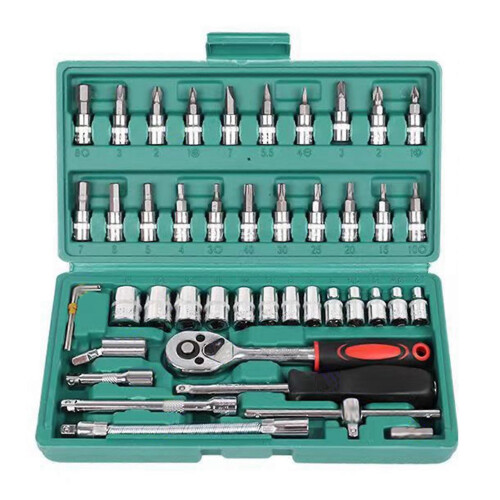 (Green) 46pcs Hand Wrench Socket Set Drive Socket Ratchet Wrench Combination Tools Kit Car Repair Set