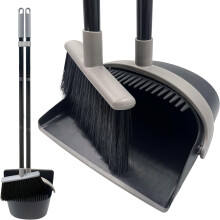 Long Handled Dustpan and Brush Set, Broom and Dustpan Set Reduce Bending Tall Lobby Dustpan and Sweeping Brush (Black & Grey)