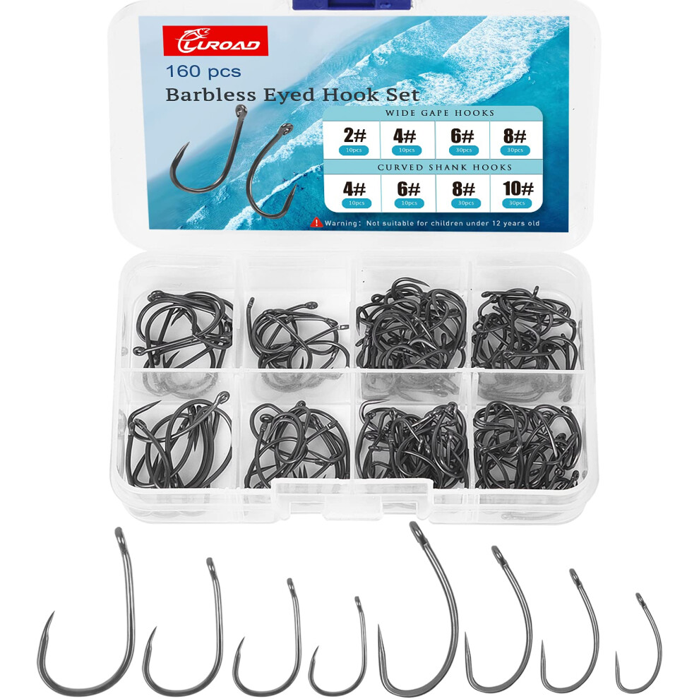 Luroad 160Pcs Barbless Carp Coarse Eyed Fishing Hook, Teflon Coated Curved Shank And Wide Gape Size 2, 4, 6, 8, 10, Comes In A Multiple Section Tackl 5008029889700